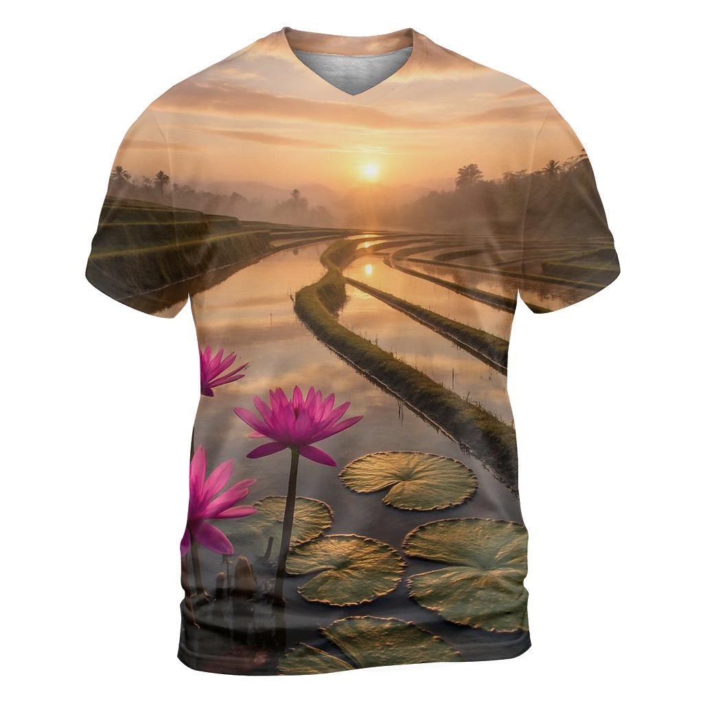 Rice Terraces Lotus Edge Sunrise artistic all-over print tops