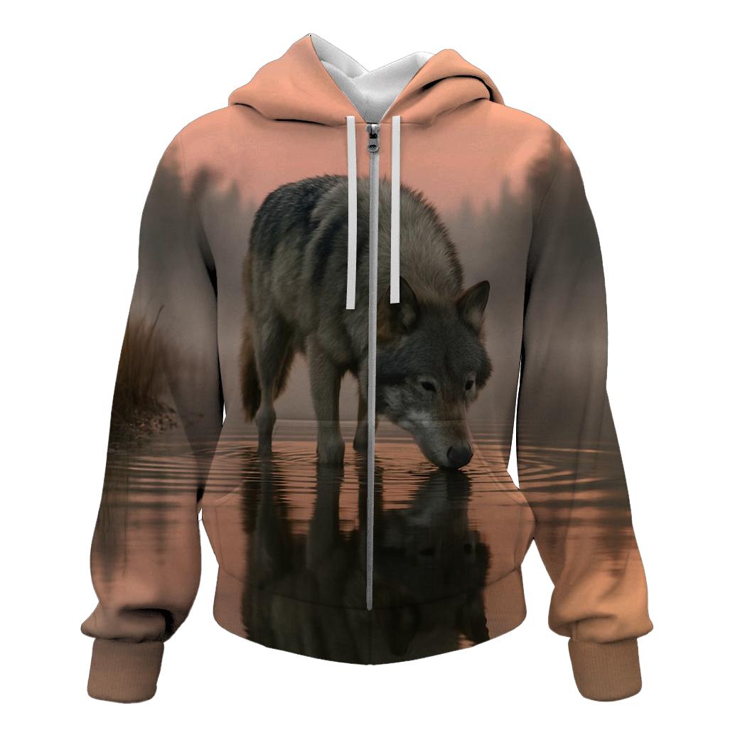 Lone Wolf River Reflection embroidered hoodies