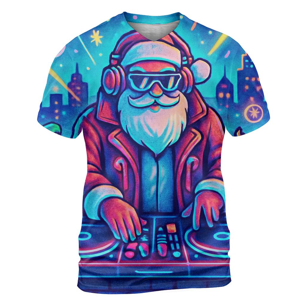 Neon Night Santa DJ artistic all-over print tops