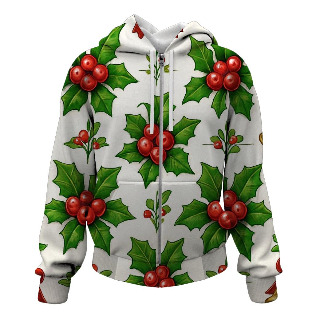 Red Holly Grid On White Background zip-up hoodies