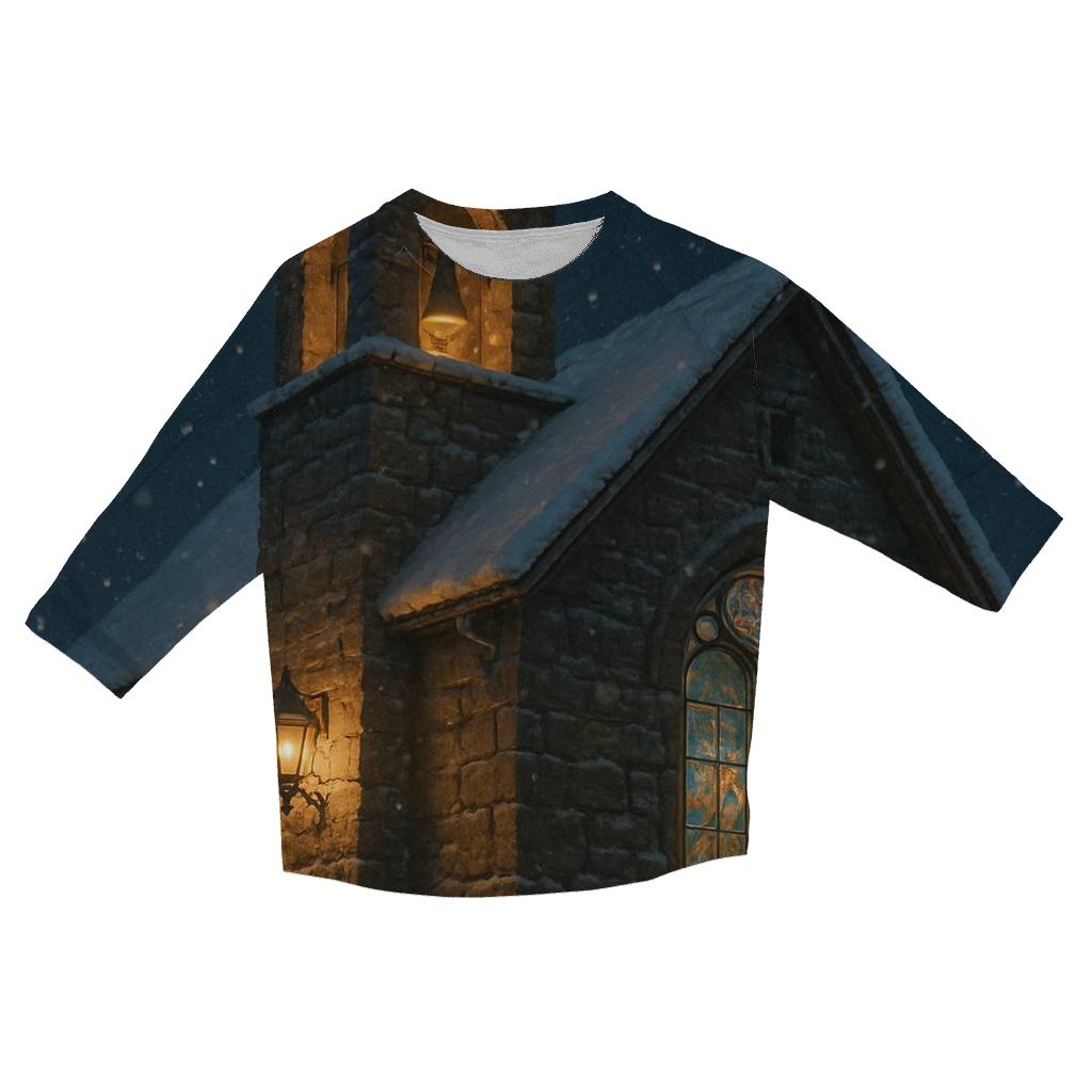 Snowy Church Bells printed three quarter sleeve shirts