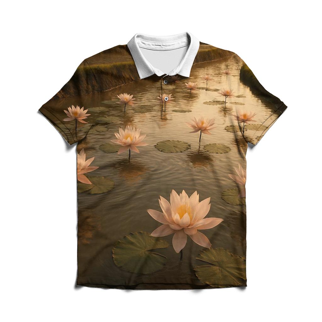 Rice Paddy Water Lily Reflection premium cotton polo shirts