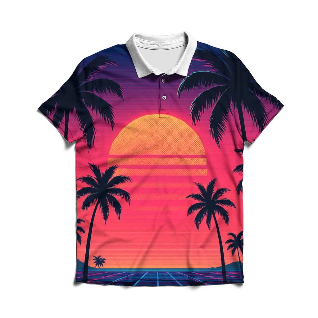 Retro Wave Sunset Palms premium cotton polo shirts