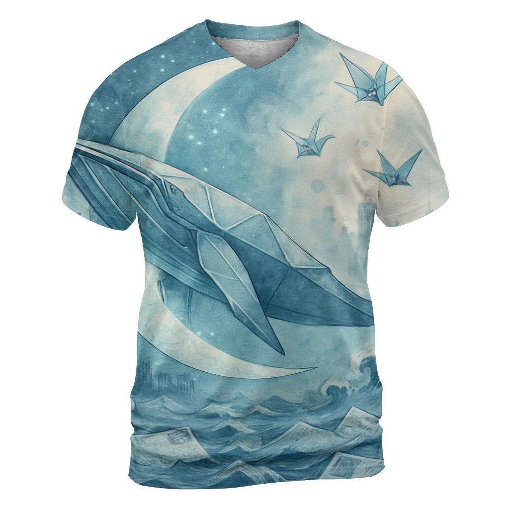 Midnight Origami Whale artistic all-over print tops