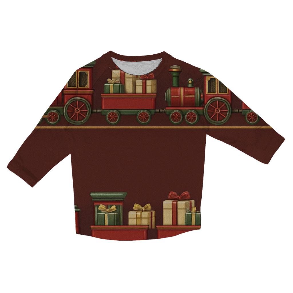 Toy Train Border On Burgundy Background trendy 3/4 sleeve tops