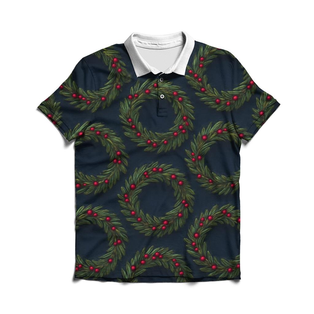 Green Wreath Tessellation On Navy Blue personalized polo shirts