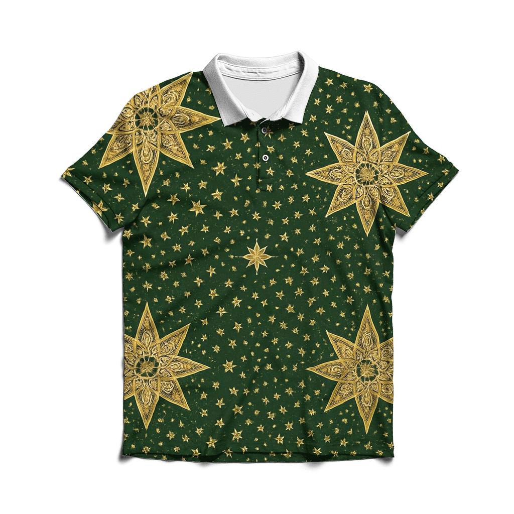 Golden Star Progression On Dark Green Background premium cotton polo shirts
