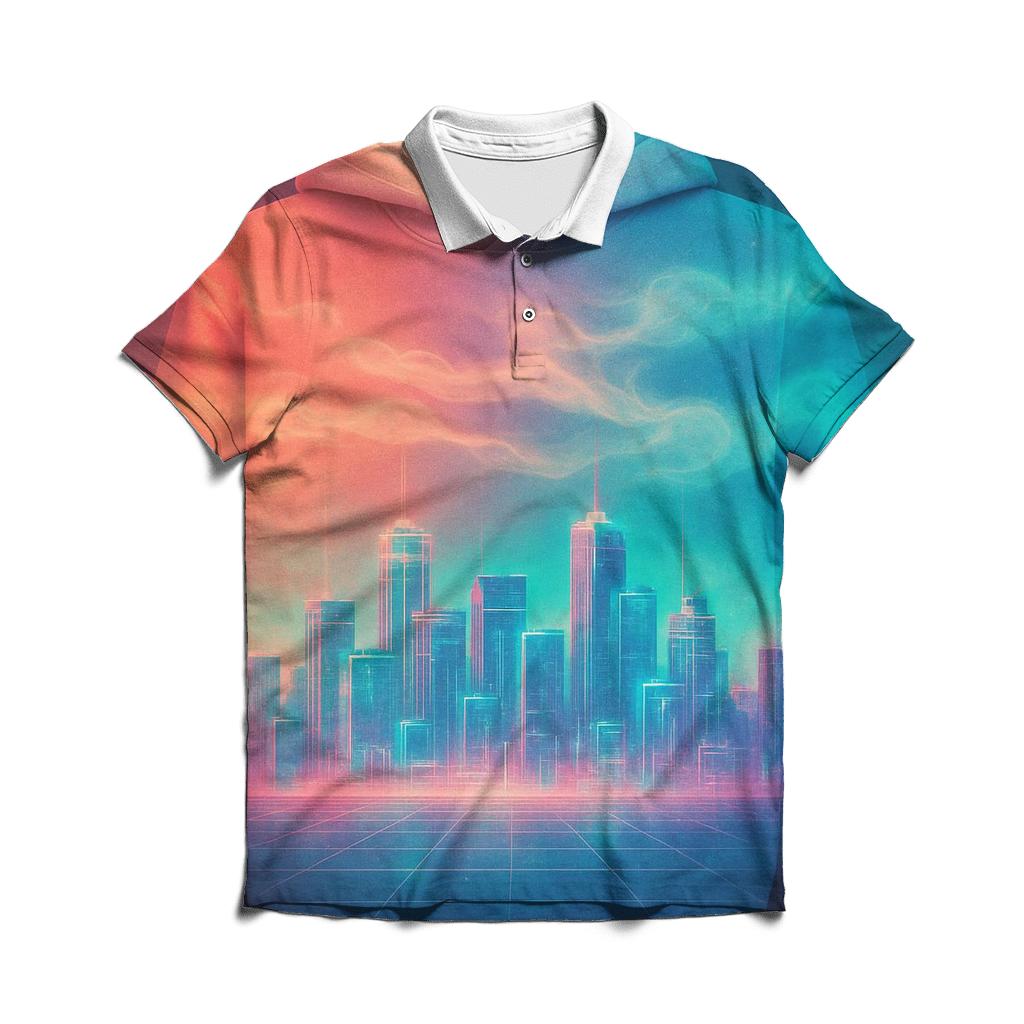 Vaporwave Skyline Drift premium cotton polo shirts