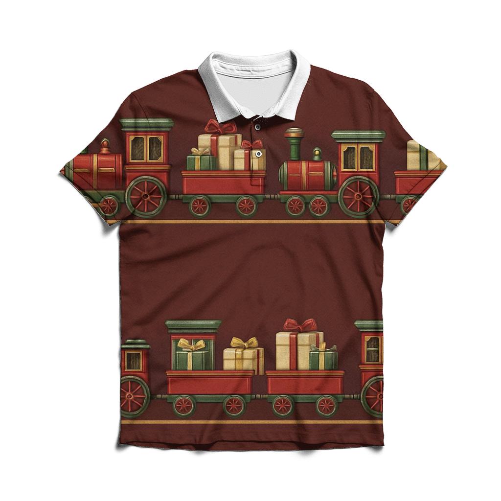 Toy Train Border On Burgundy Background classic pique polos