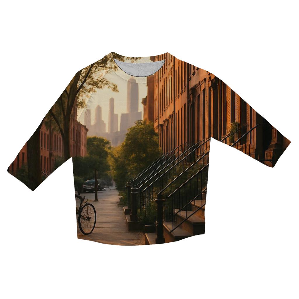 Brooklyn Brownstone Block With Distant Skyline printed three quarter sleeve shirts