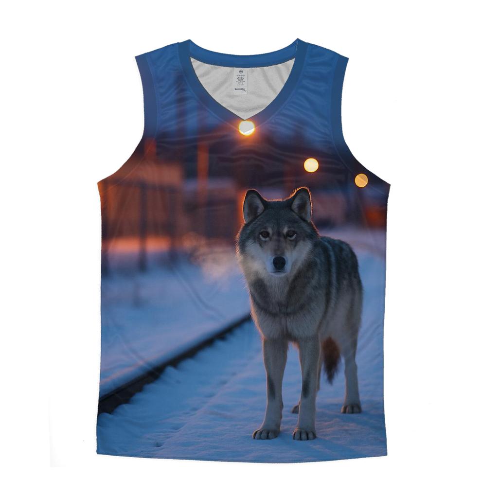 Urban Edge Wolf On Frozen Rail Line sports performance tank tops