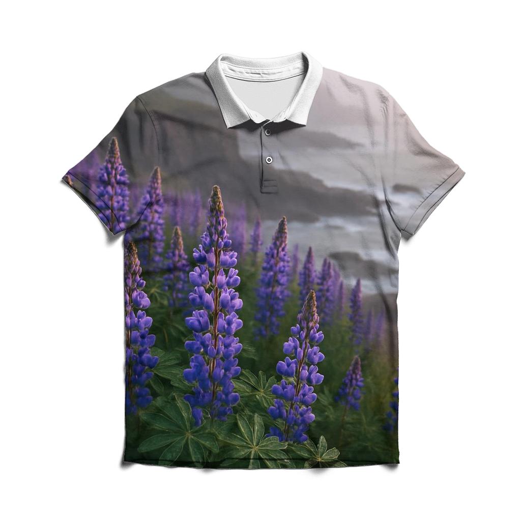 Wild Lupines Along Foggy Coastline branded logo polo shirts