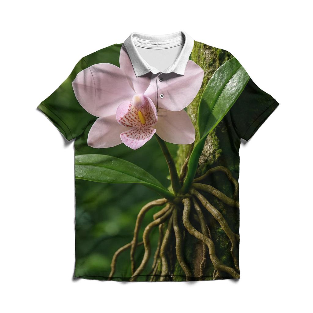 Wild Orchid On Rainforest Tree Trunk custom polo shirts