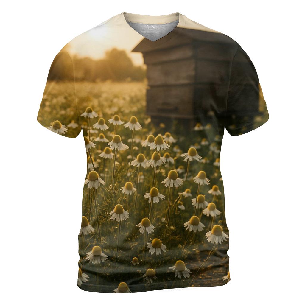 Sunlit Field Of Chamomile Beside Old Apiary designer pattern shirts