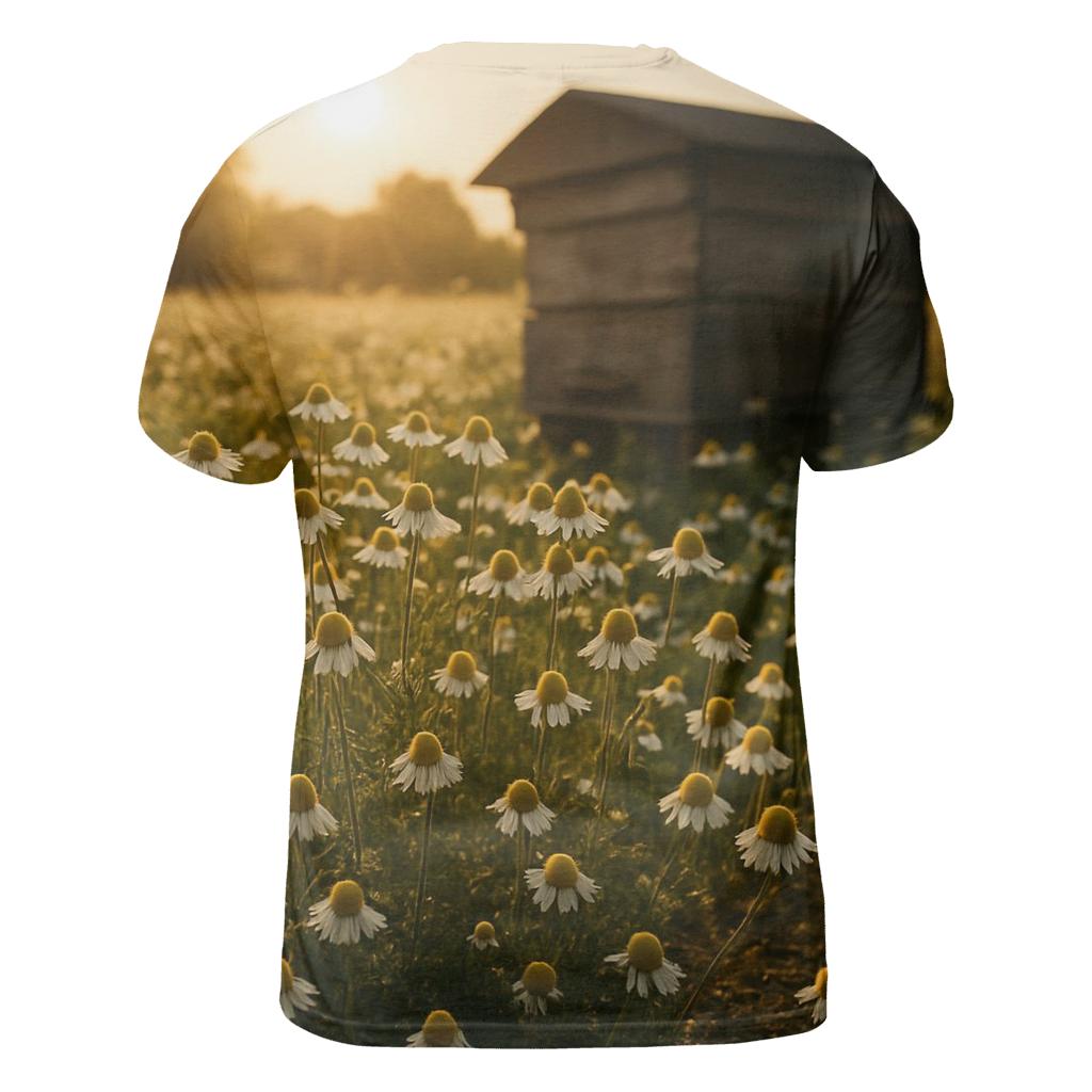 Sunlit Field Of Chamomile Beside Old Apiary designer pattern shirts