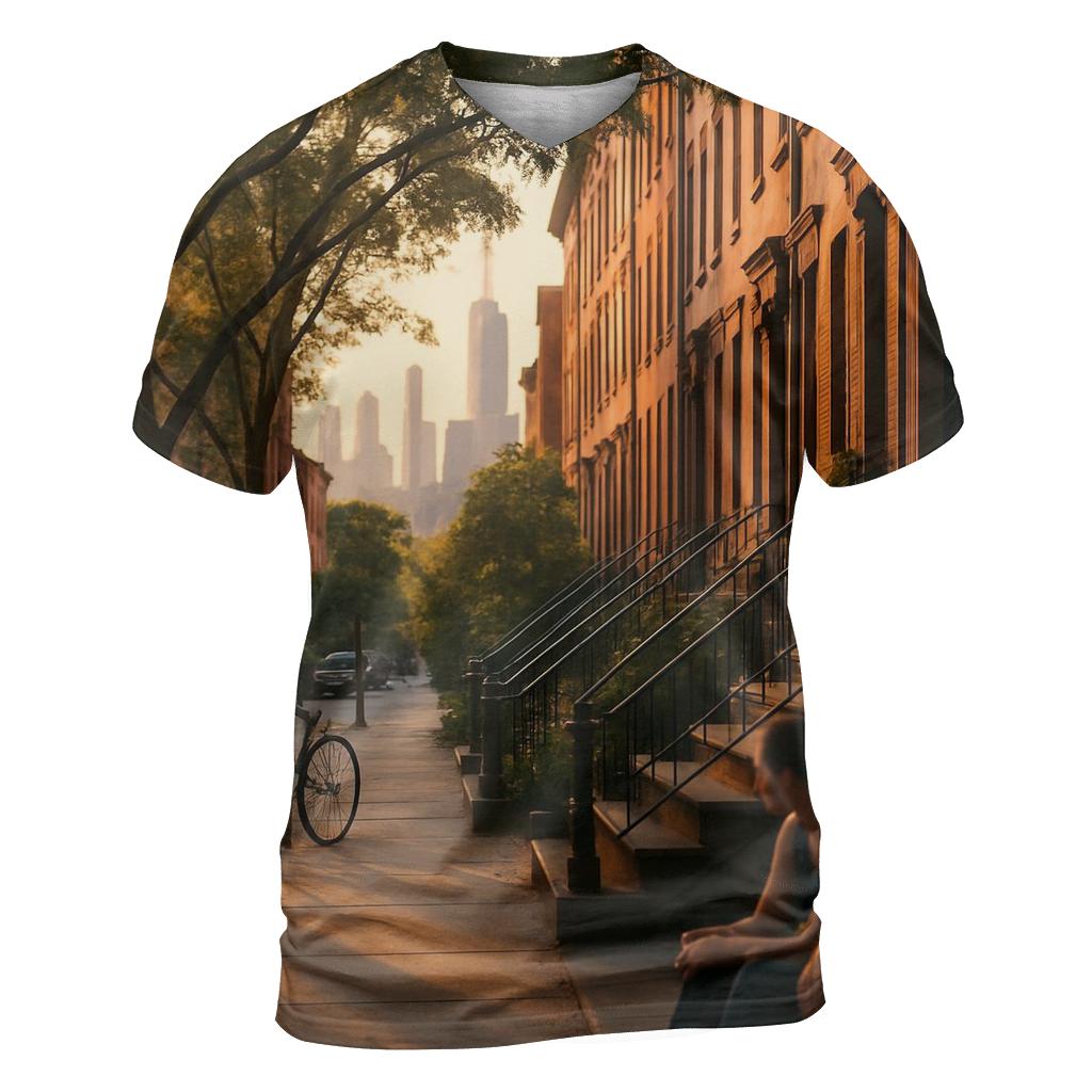 Brooklyn Brownstone Block With Distant Skyline trendy printed shirt styles