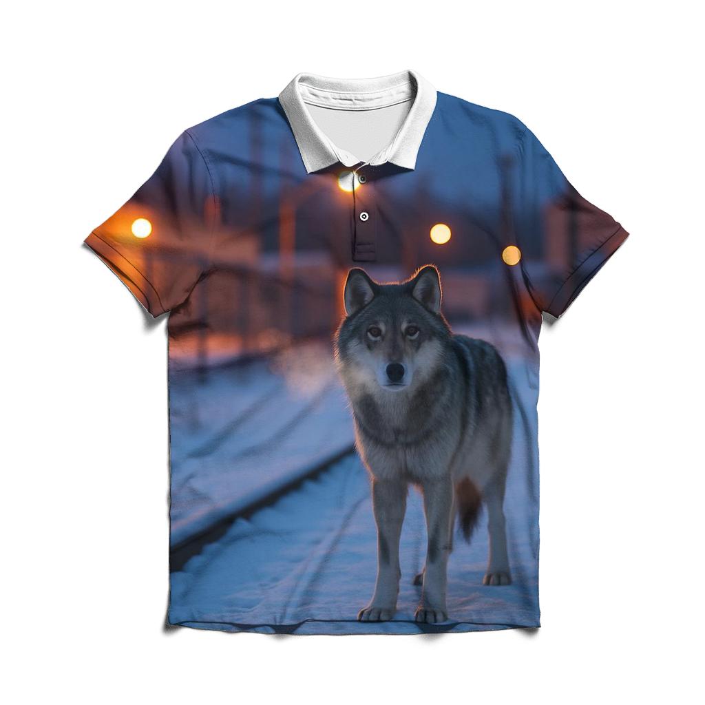Urban Edge Wolf On Frozen Rail Line embroidered polo tops