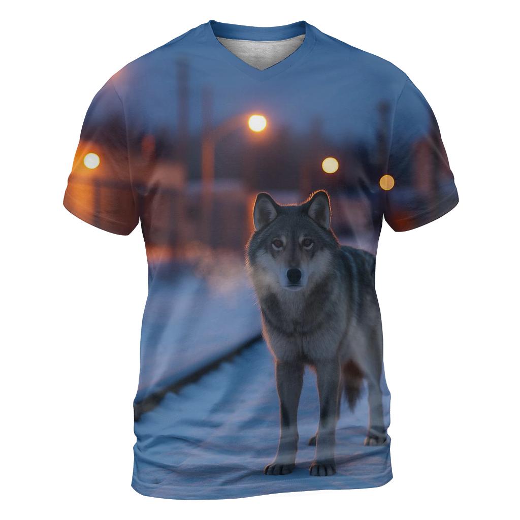 Urban Edge Wolf On Frozen Rail Line designer pattern shirts