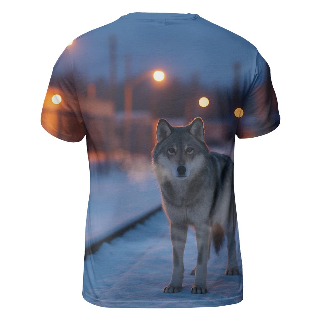 Urban Edge Wolf On Frozen Rail Line designer pattern shirts