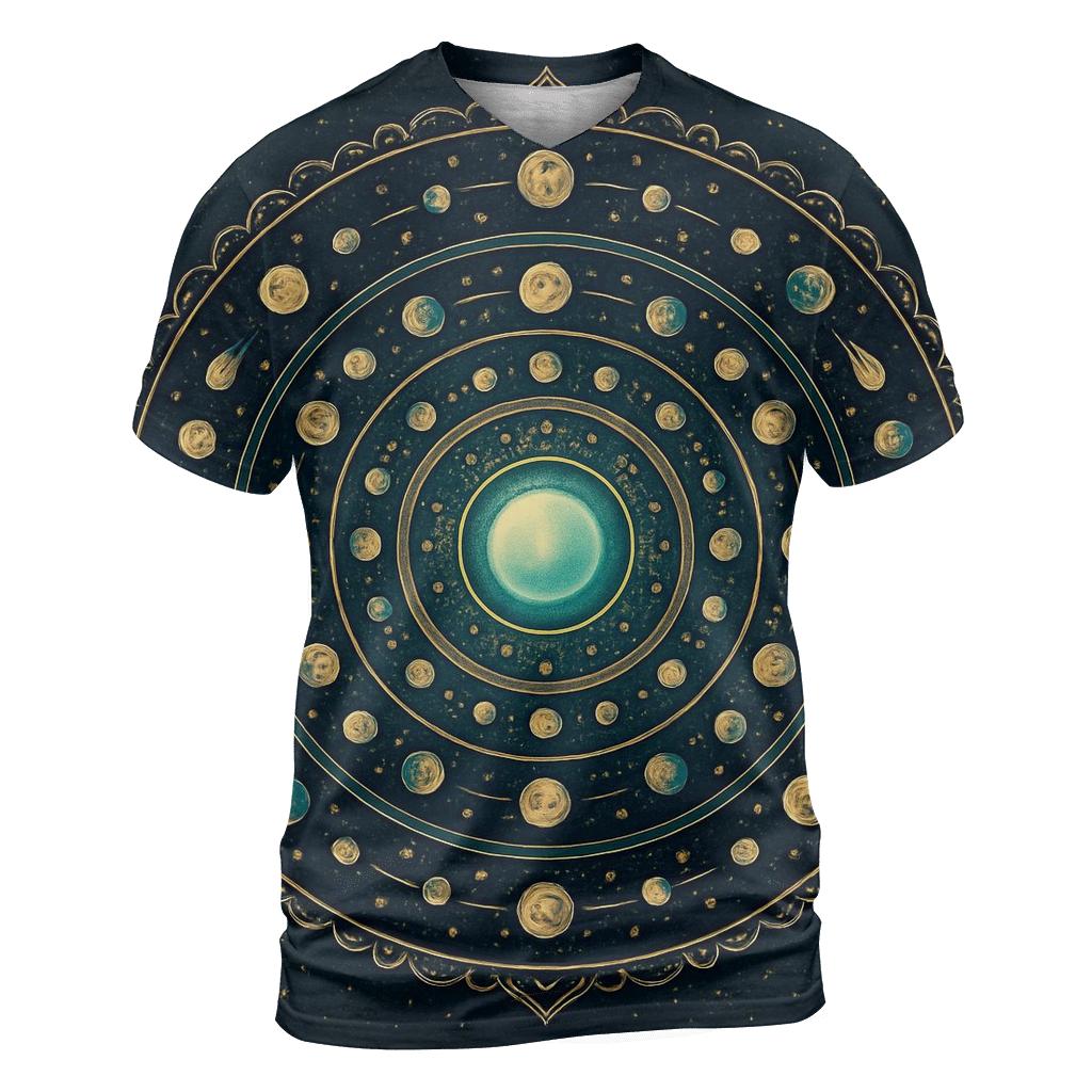 Luminous Planetary Mandala artistic all-over print tops