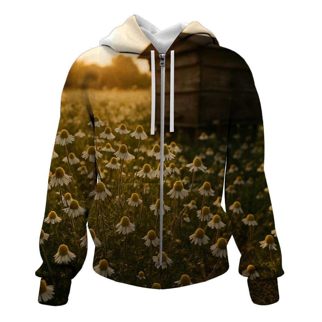Sunlit Field Of Chamomile Beside Old Apiary zip-up hoodies