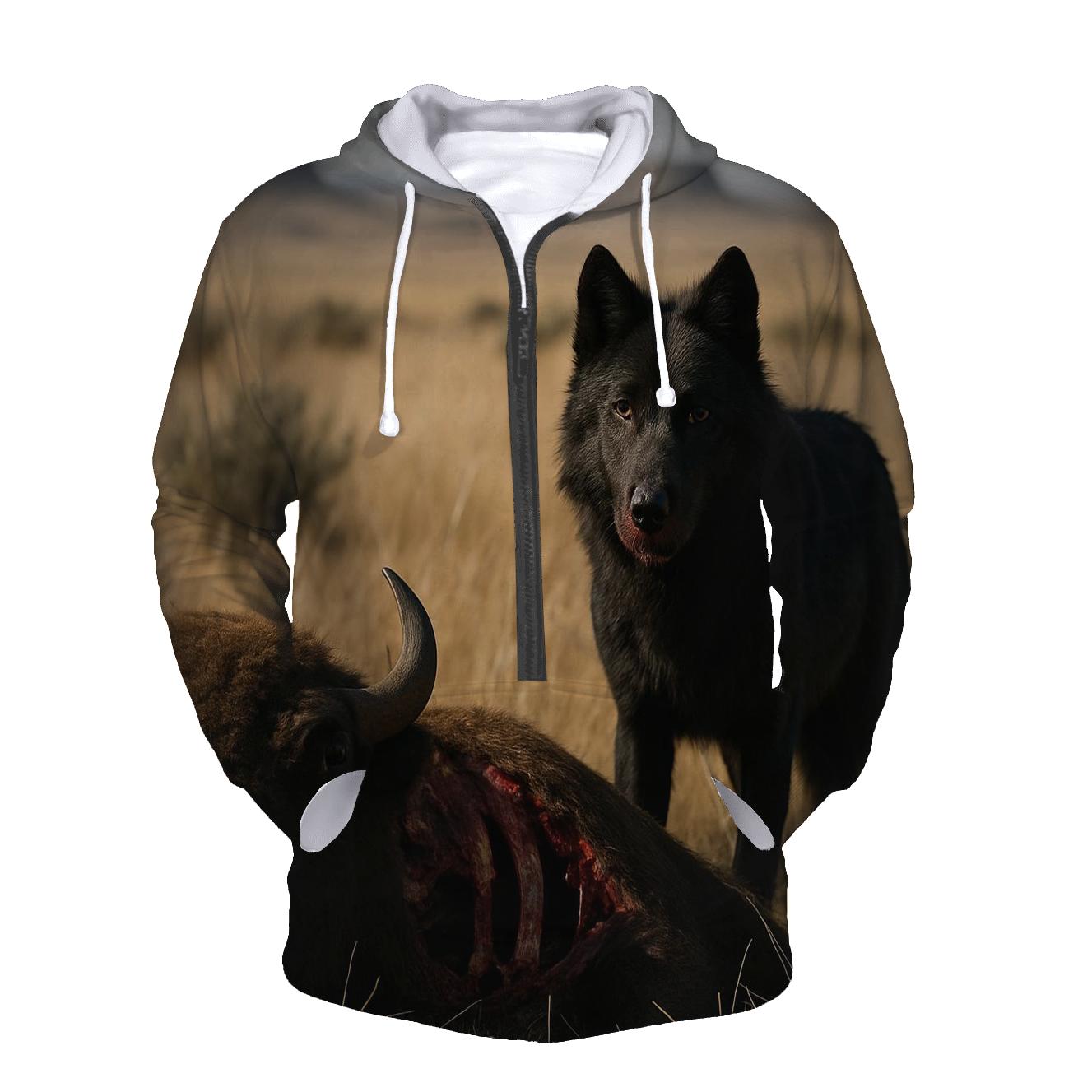 Black Wolf On Prairie Bison Carcass printed hoodies