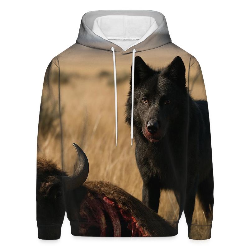Black Wolf On Prairie Bison Carcass premium hoodies