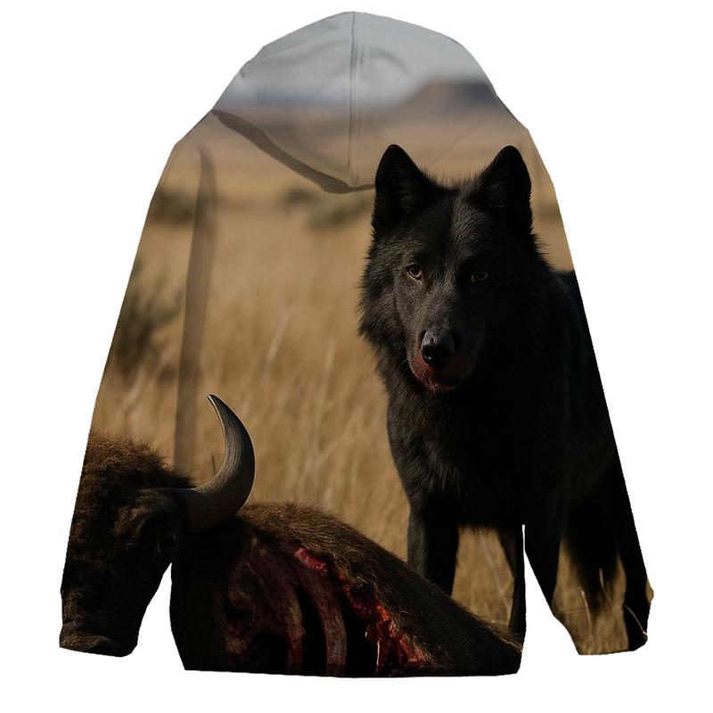 Black Wolf On Prairie Bison Carcass premium hoodies