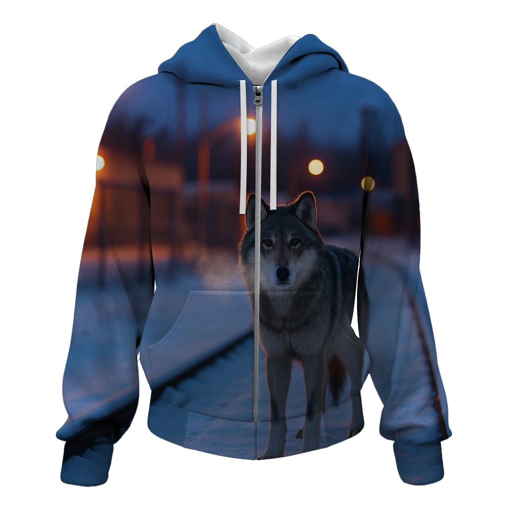 Urban Edge Wolf On Frozen Rail Line pullover hoodies