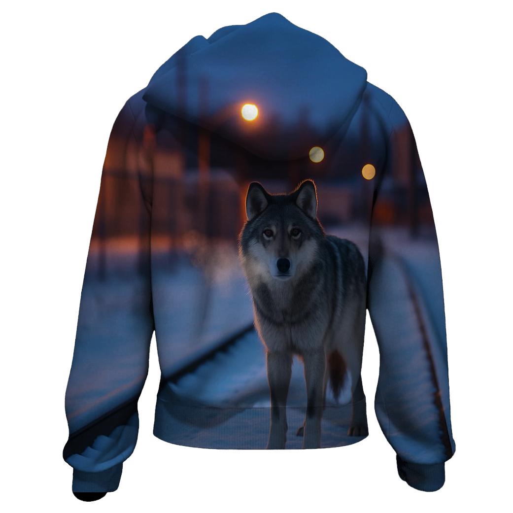 Urban Edge Wolf On Frozen Rail Line pullover hoodies