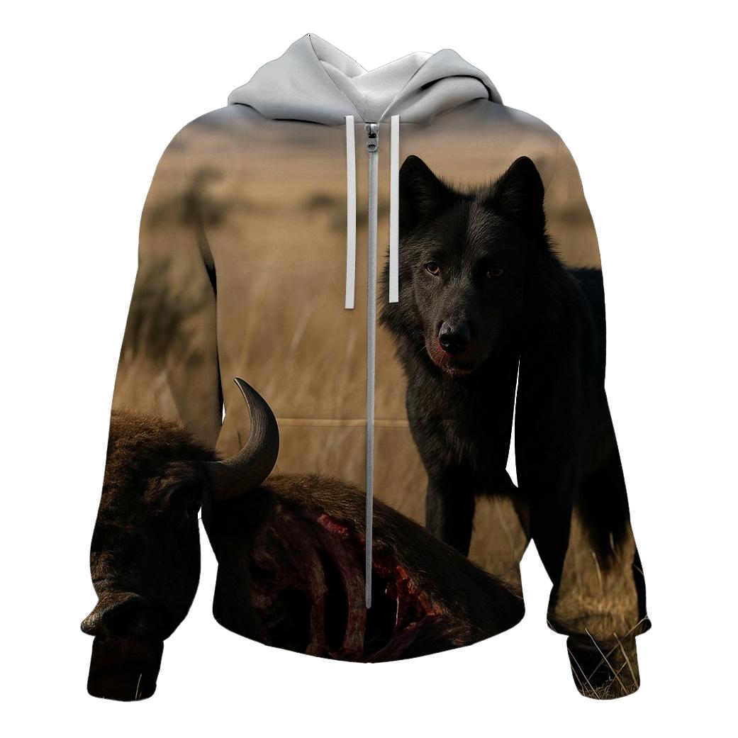 Black Wolf On Prairie Bison Carcass zip-up hoodies