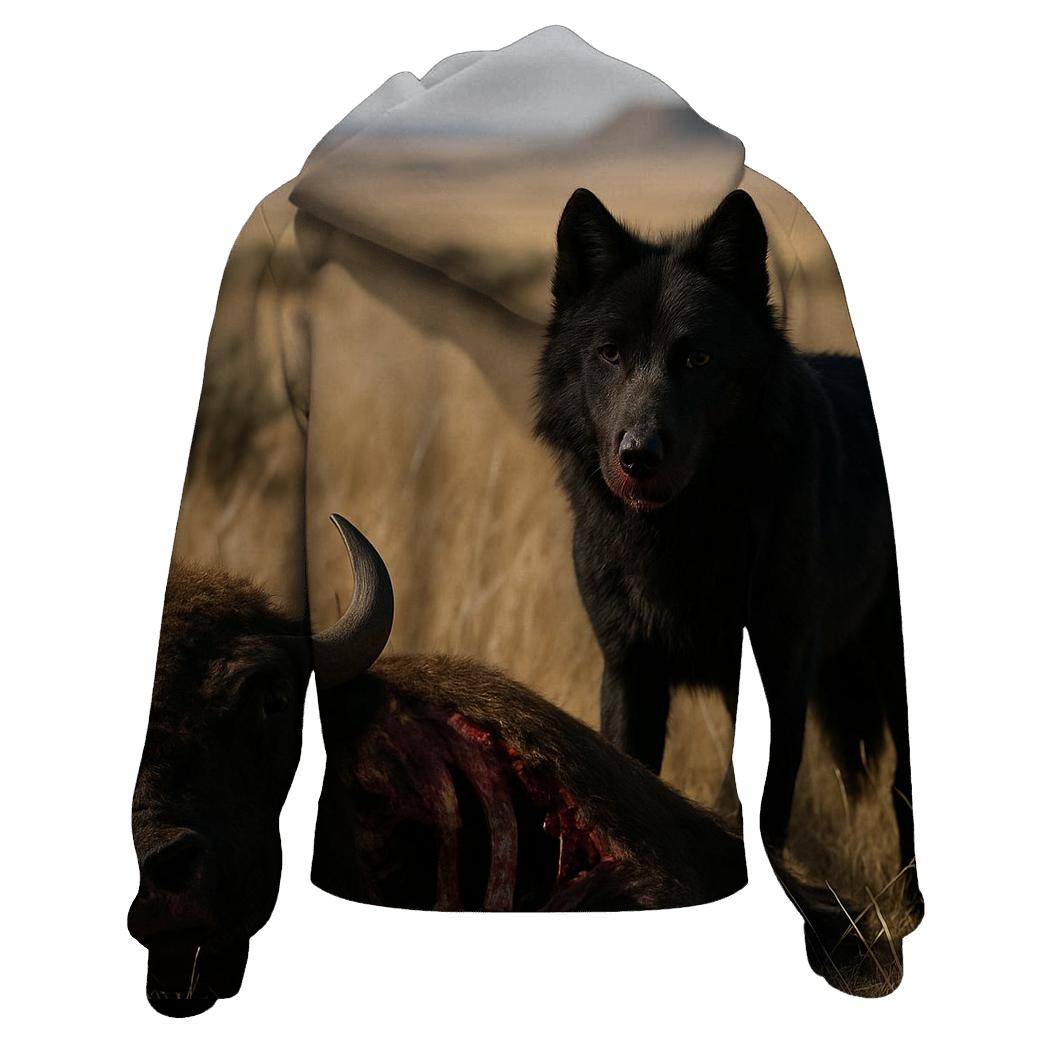 Black Wolf On Prairie Bison Carcass zip-up hoodies