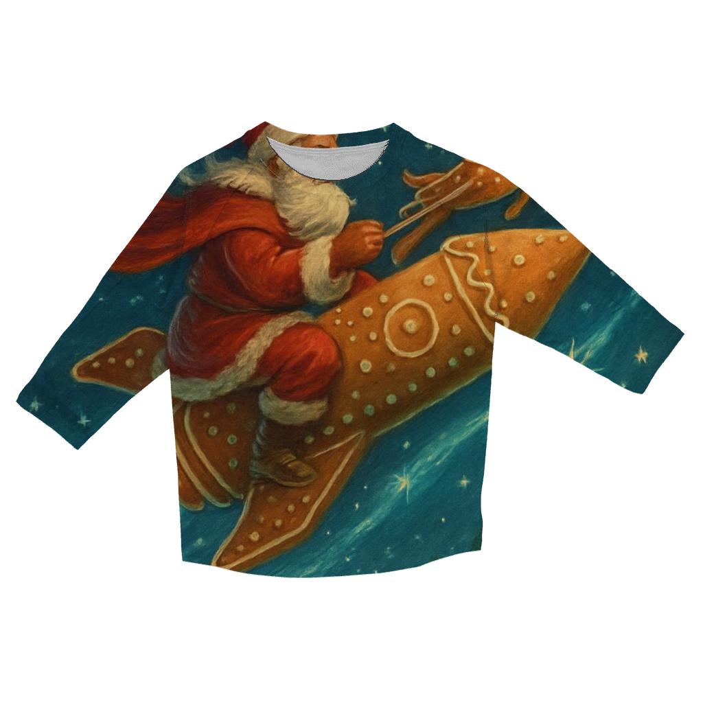 Gingerbread Galaxy Sleigh Ride printed three quarter sleeve shirts