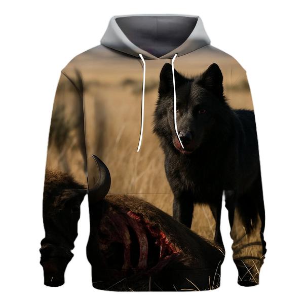 Black Wolf On Prairie Bison Carcass heavyweight hoodies