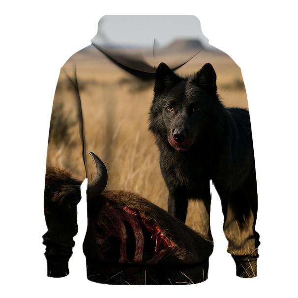 Black Wolf On Prairie Bison Carcass heavyweight hoodies