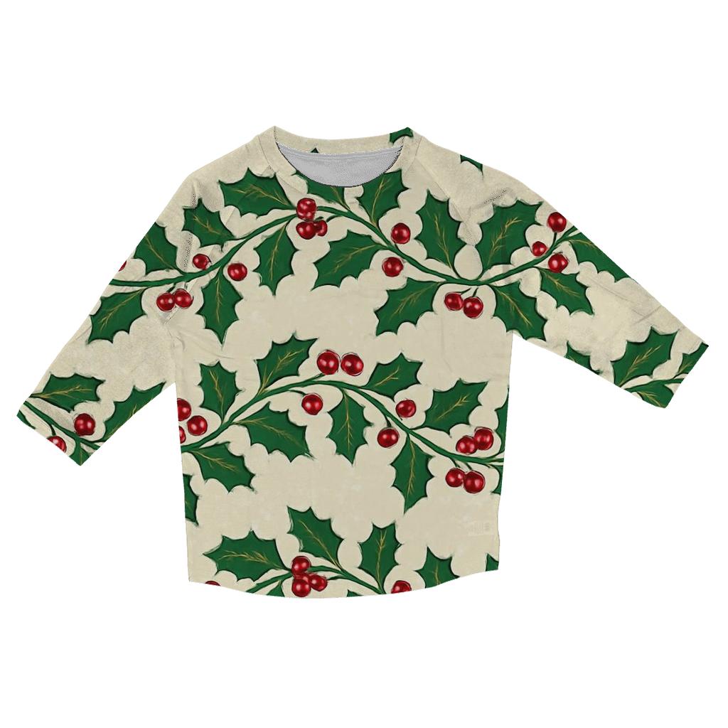 Festive Holly Wave On Snowy Ground designer 3/4 sleeve blouses
