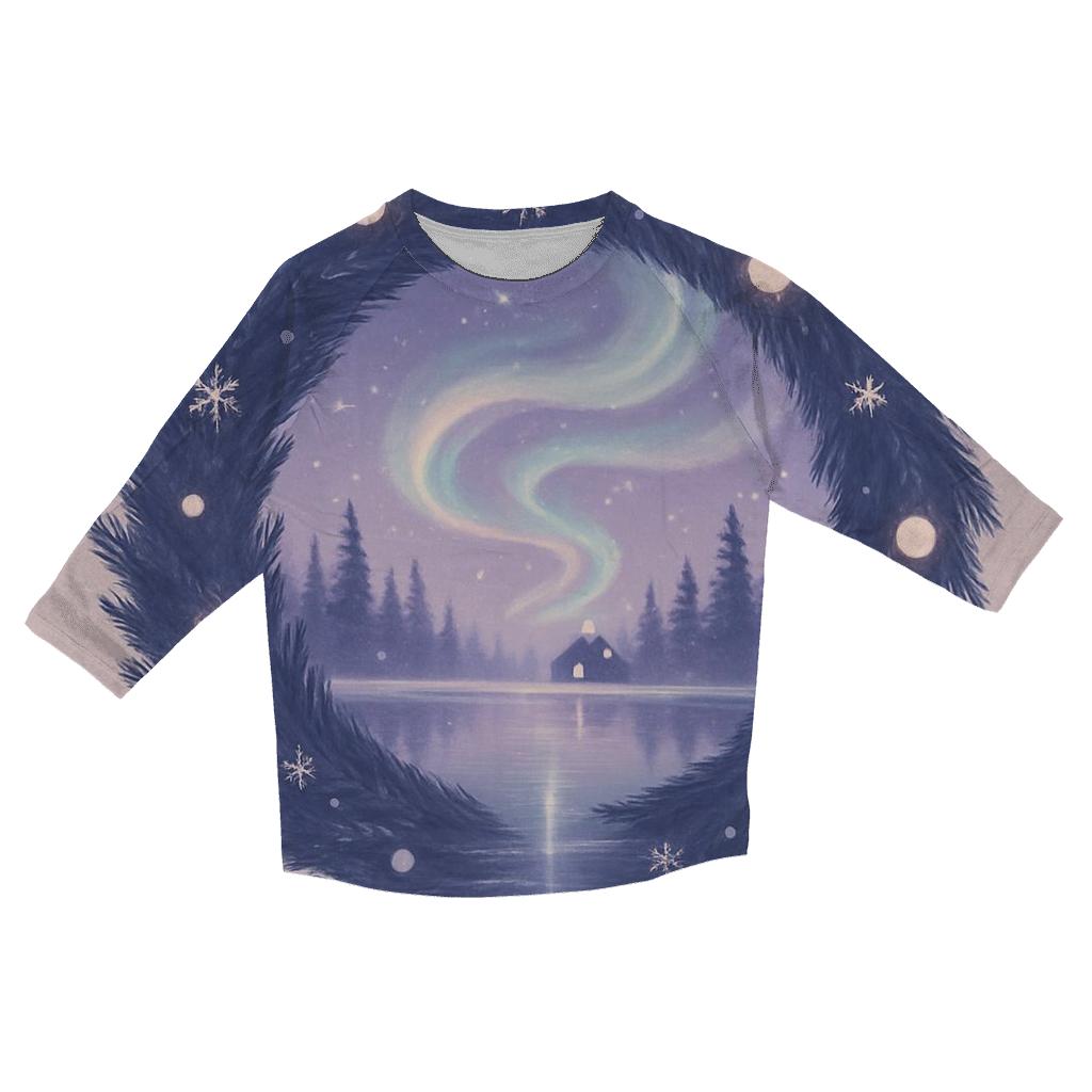 Aurora Wreath Over Frozen Lake printed three quarter sleeve shirts