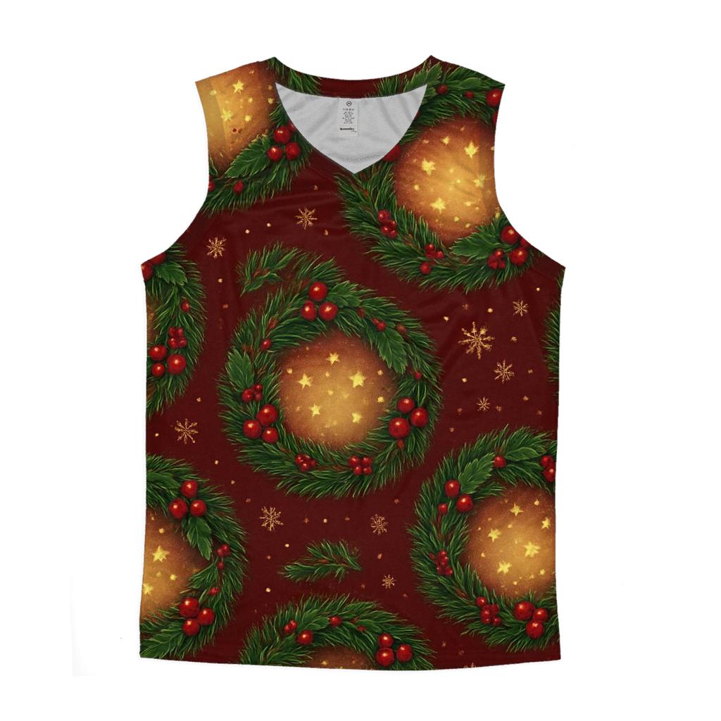 Evergreen Wreath Medallions On Deep Red custom tank tops