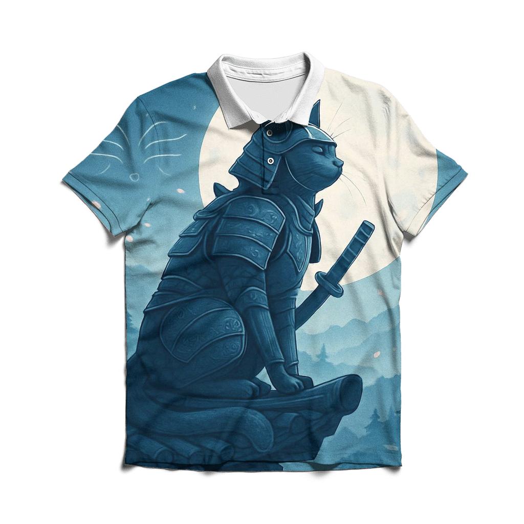 Moonlit Samurai Temple Cat embroidered polo tops