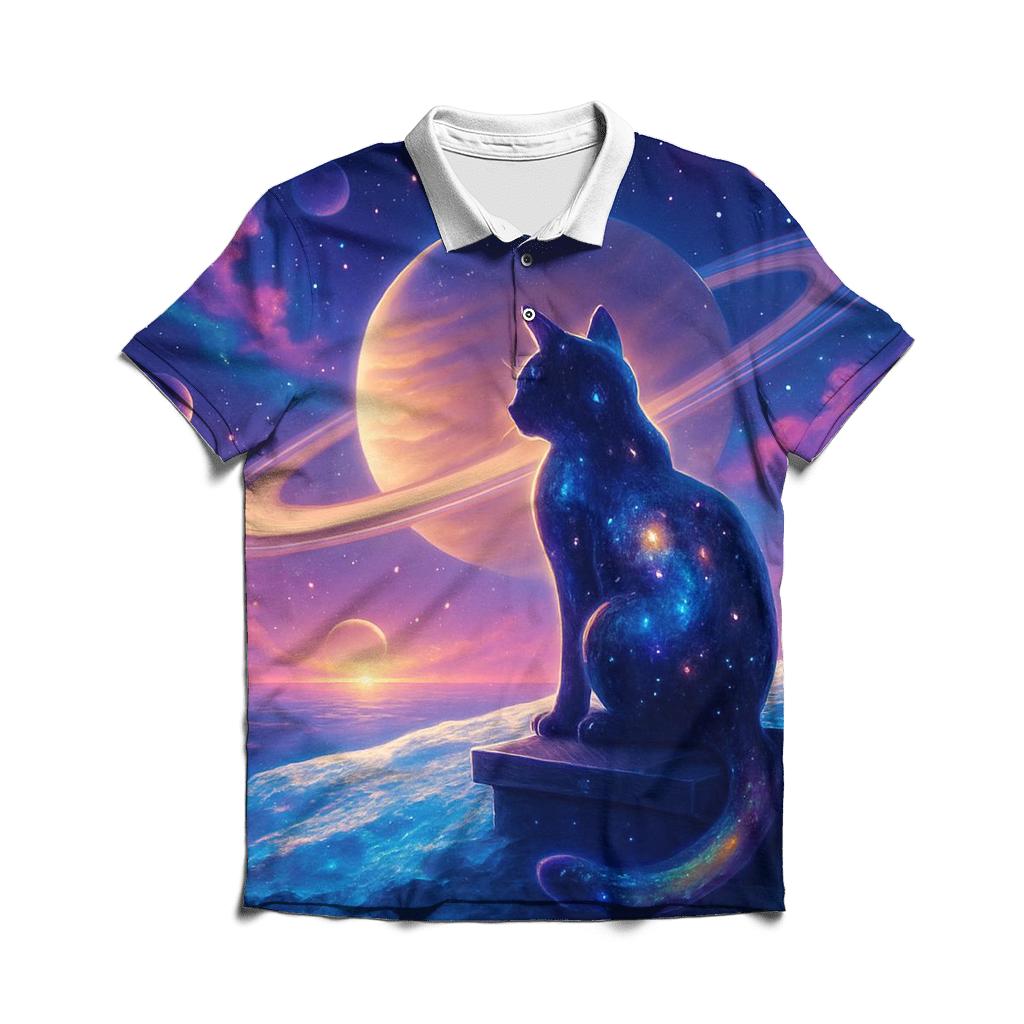 Stargazer Cat On The Comet Rooftop casual sports polo shirts