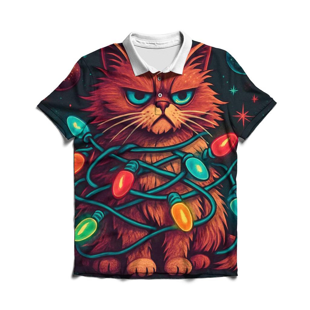 Grumpy Cat Tangled In Nebula Lights designer slim fit polos