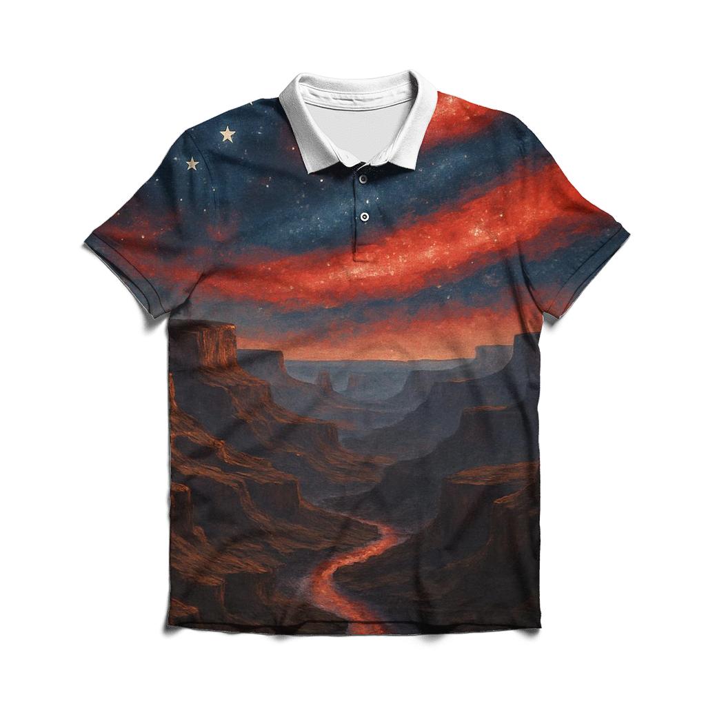 Cosmic Stripes Over Canyon branded logo polo shirts