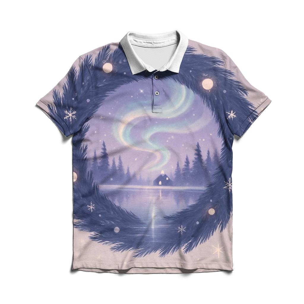 Aurora Wreath Over Frozen Lake embroidered polo tops