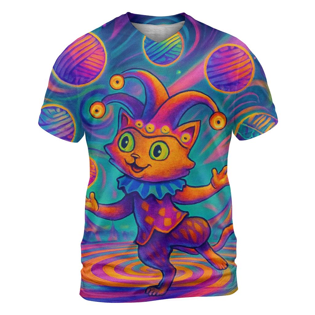 Psychedelic Carnival Jester Cat vibrant all-over design tees