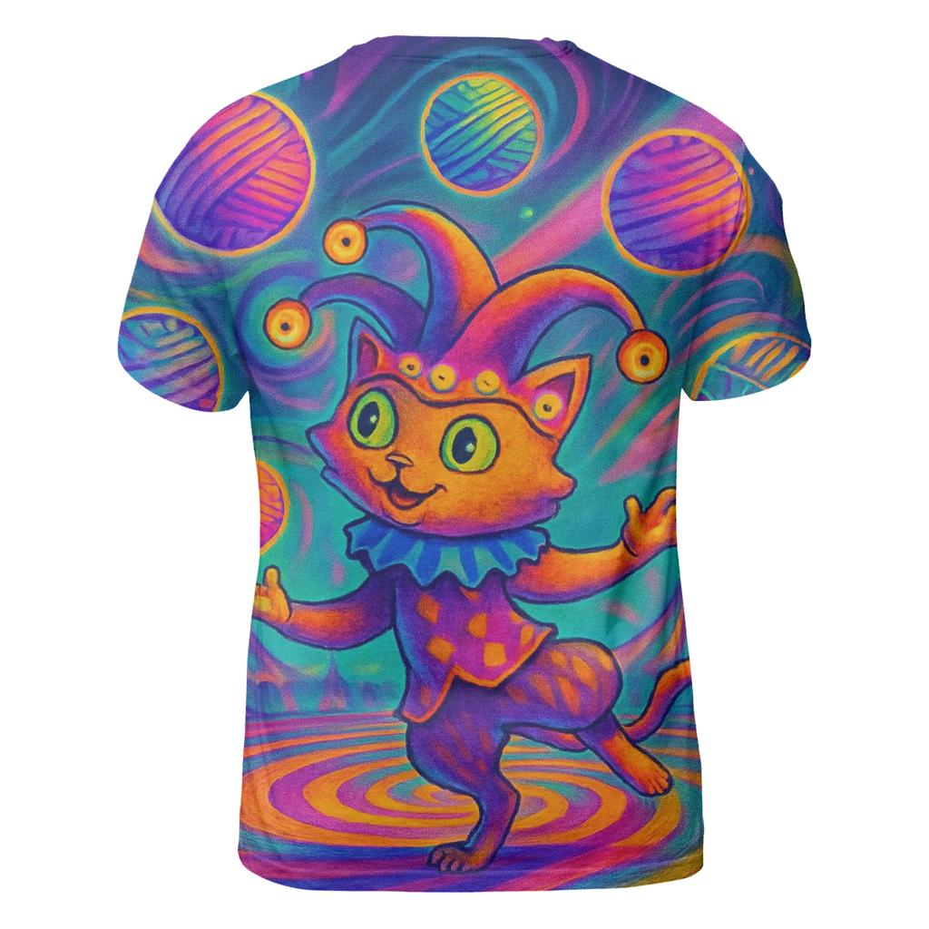 Psychedelic Carnival Jester Cat vibrant all-over design tees