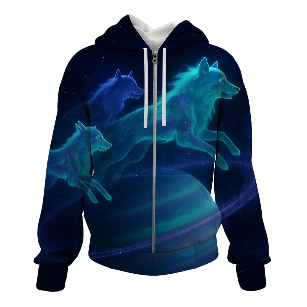 Orbiting Wolves Of The Aurora Ring zip-up hoodies