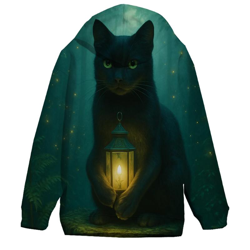 Forest Lantern Guardian Cat zip-up hoodies