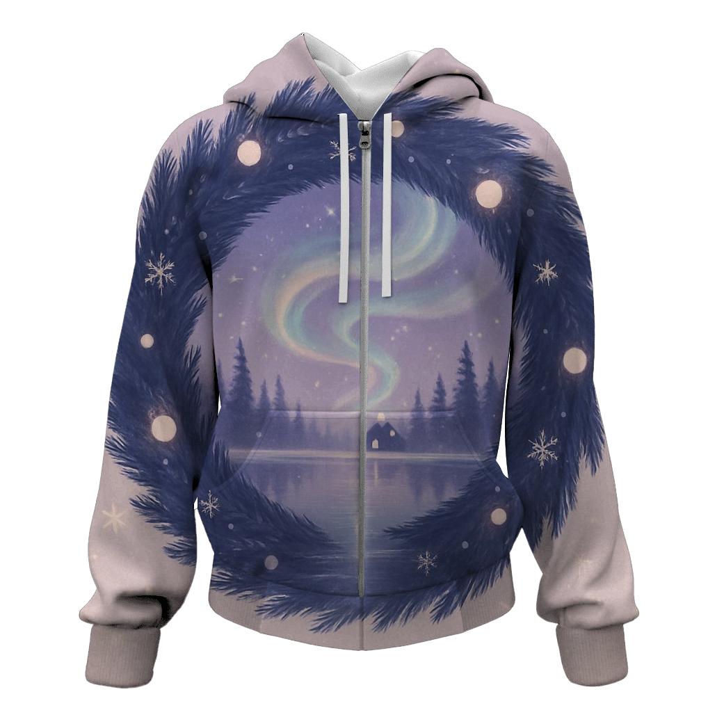 Aurora Wreath Over Frozen Lake lightweight hoodies