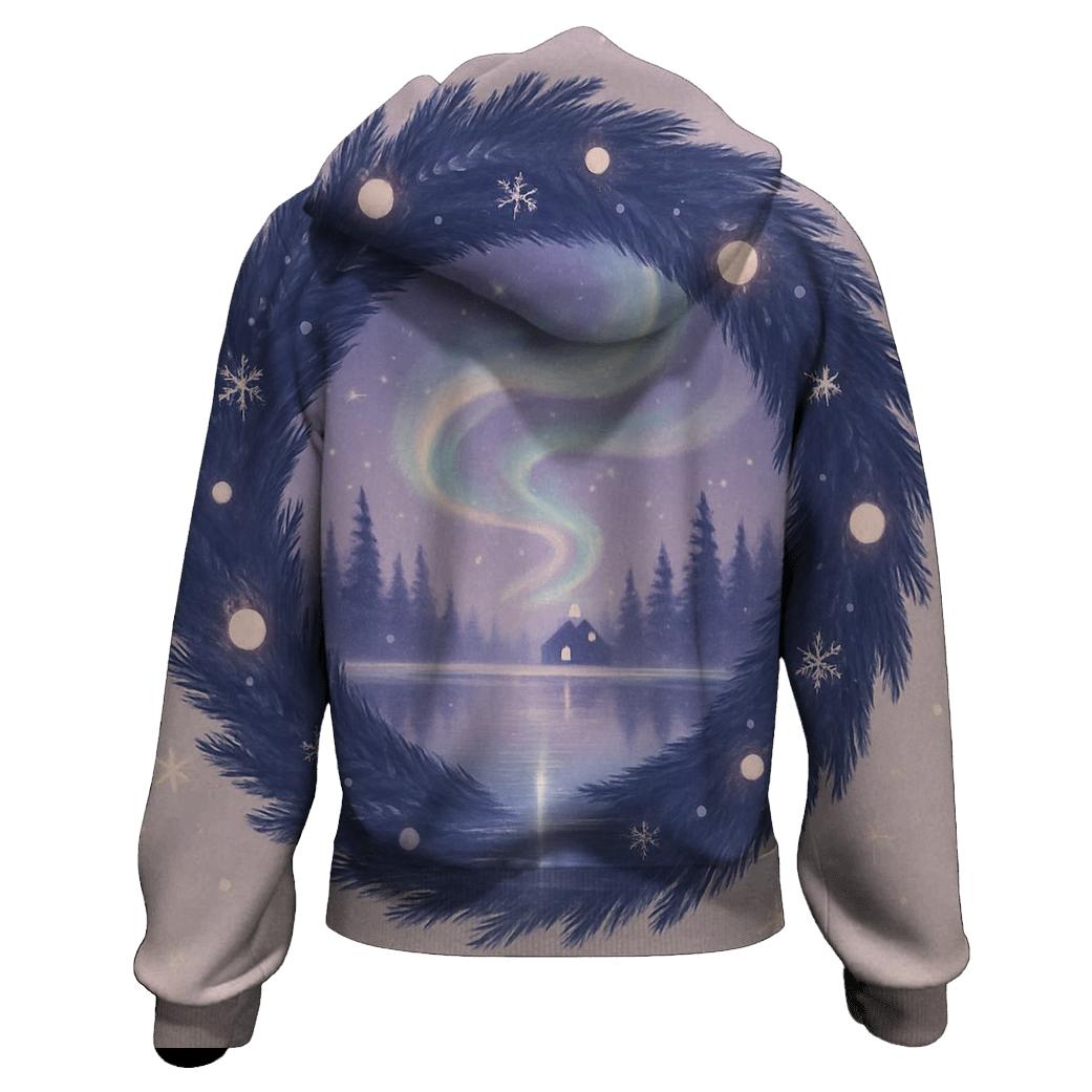 Aurora Wreath Over Frozen Lake lightweight hoodies
