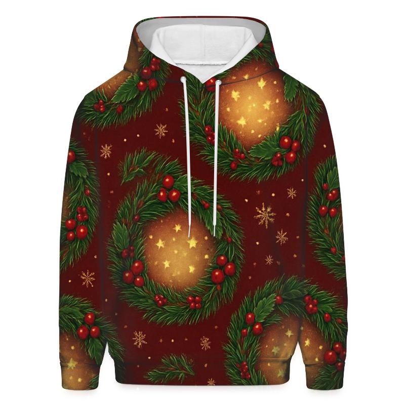 Evergreen Wreath Medallions On Deep Red designer hoodies